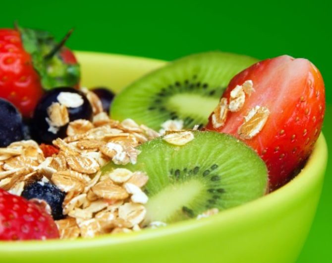 healthy muesli with fruits breakfast